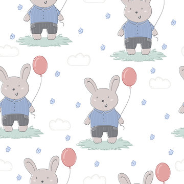 Hand drawn vector pattern of cute rabbit and balloon