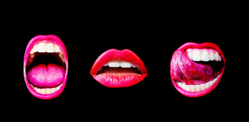 Set of three sexy female lips with different emotions isolated on black background. Lips, tongue and teeth of a young girl with a pink lipstick. Creek, desire and passion through the female's mouth