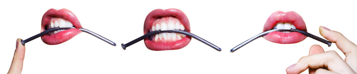 Metal nails in the female's mouth with pink lipstick isolated on white background. Young woman with...