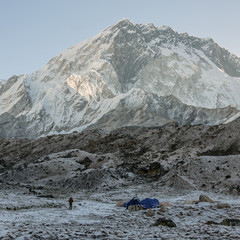 Peaks of the Nuptse massif with the first rays of the sun - Everest region, Nepal, Himalayas