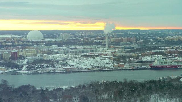 View of southern Stockholm seen from tower Kaknastornet with the famous Globe Arenas to the left in the frame.