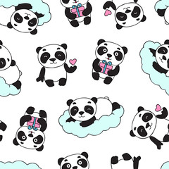 Doodle panda bear pattern. Panda is holding a heart, gift, lying on a cloud. Cute smiling panda character.
