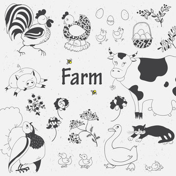 Farm set: chicken, chicks, basket with eggs, nest, twigs  le