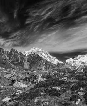 Mountain landscape on the background of the peak of Gyachung Kang (7012 m) - Gokyo region, Nepal, Himalayas (black and white)