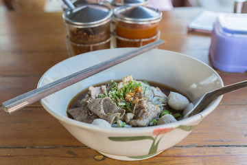 Close-up of boat Noodles with Pork (Kuay Tiew Moo Nam Tok)
