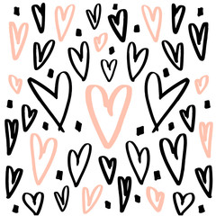 Hearts background made with brush. Expressive romantic hand drawn hearts. Vector Illustration.