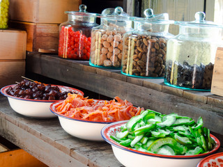 The fruit preserved in the bottles.