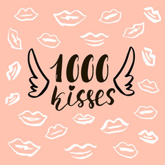 1000 kisses. Romantic background with lips. Postcard for wedding, save the date, Valentine's Day, etc. Vector Illustration