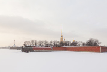 Peter and Paul Fortress and frozen Neva in St. Petersburg