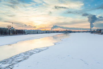 View of the Neva river and the city of St. Petersburg in the winter