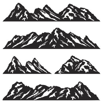 Set of mountain ridges silhouettes on white background. Outdoor and travel concept. Vector Illustration.