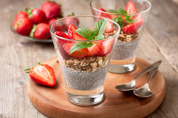 Breakfast with chia pudding, strawberries and muesli