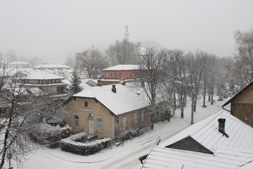 Snowy winter day in small town near Sarajevo , Bosnia and Herzegovina