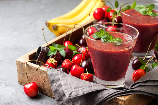 smoothie with cherry and banana, strawberries