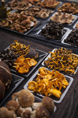 Boletus, Chanterelle in a street market. Vic, Catalonia, Spain.