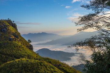 morning mountain view with sunbeam and haze at Doi Pha Tang, chiang rai, thailand..