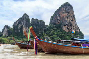Long tail boats at Railay West Beach, Krabi, Thailand - 132515093