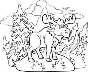 funny cartoon moose wanders through the woods