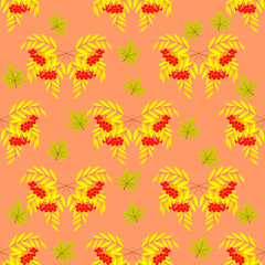 seamless pattern of branches with berries of mountain ash and autumn leaves. Autumn beautiful background