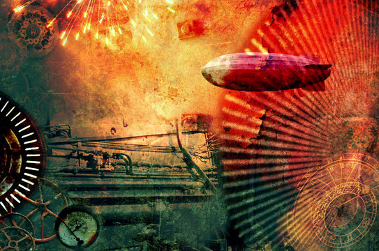 Vintage steampunk design background with cogs, airship, clocks, fireworks and steam engine elements. Grunge textured digital photo illustration.