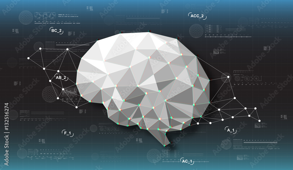Poster head-up display elements for the web and app. futuristic backgroung with poligonal brain. virtual gr