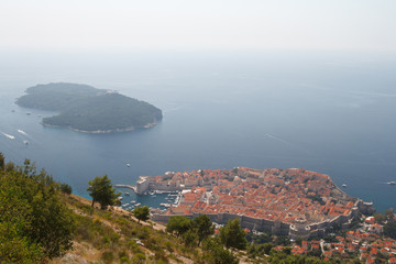 view from the mountains to the fortress city of Dubrovnik and the island, Croatia