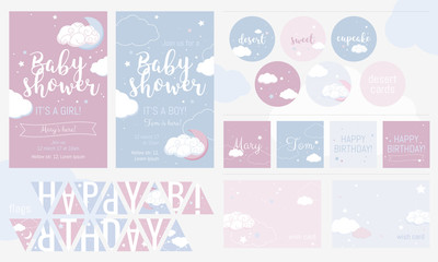 Cute invitation cards for baby shower and birthday party. - obrazy, fototapety, plakaty