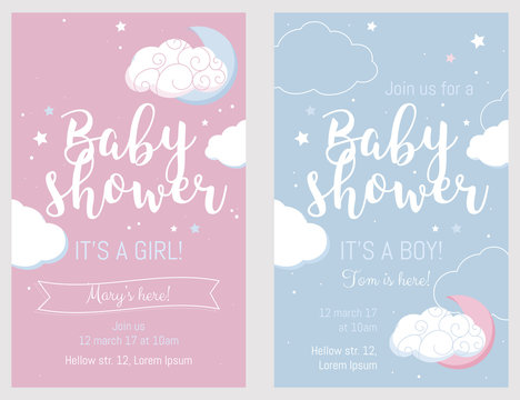 Baby shower set. Cute invitation cards for baby shower party.