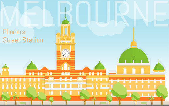 Flat design Flinders street station illustration vector. View from river bank. Design template fro post cards, web banners, advertising.