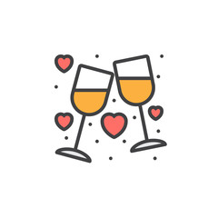 Clinking Wine Glasses, Stemware and hearts line icon, filled outline vector sign, linear colorful pictogram isolated on white. Symbol, logo illustration