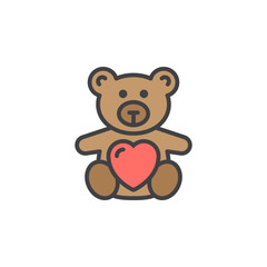 Teddy bear soft toy with heart line icon, filled outline vector sign, linear colorful pictogram isolated on white. Symbol, logo illustration