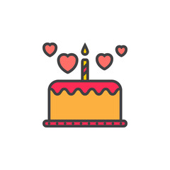 Love cake with hearts line icon, filled outline vector sign, linear colorful pictogram isolated on white. Symbol, logo illustration