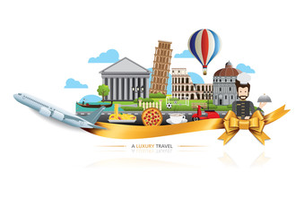 A Luxury Italy travel, Vector travel destinations icon set, Ribbon, airplane, gold ribbon, graphic elements for traveling to Italy.