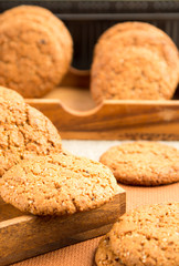 Group of oatmeal cookies on a brown tablecloth