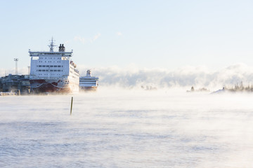 Cruise ships in a cold vaporing sea