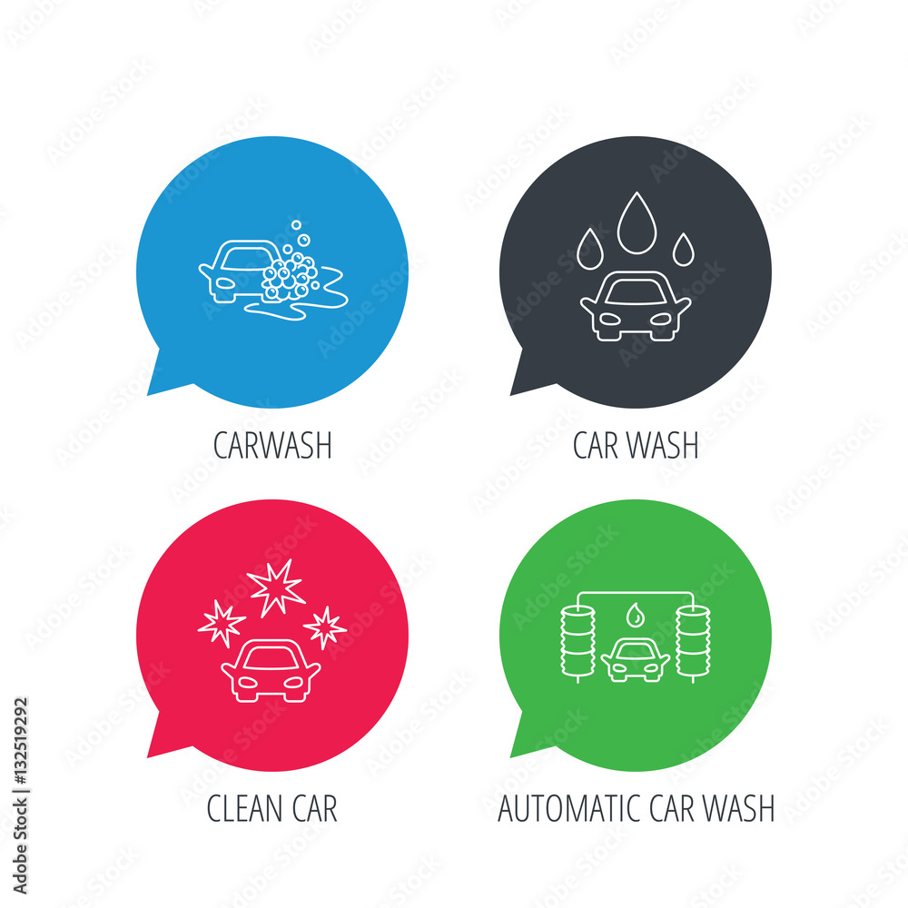 Poster colored speech bubbles. car wash icons. automatic cleaning station linear signs. clean car, automati