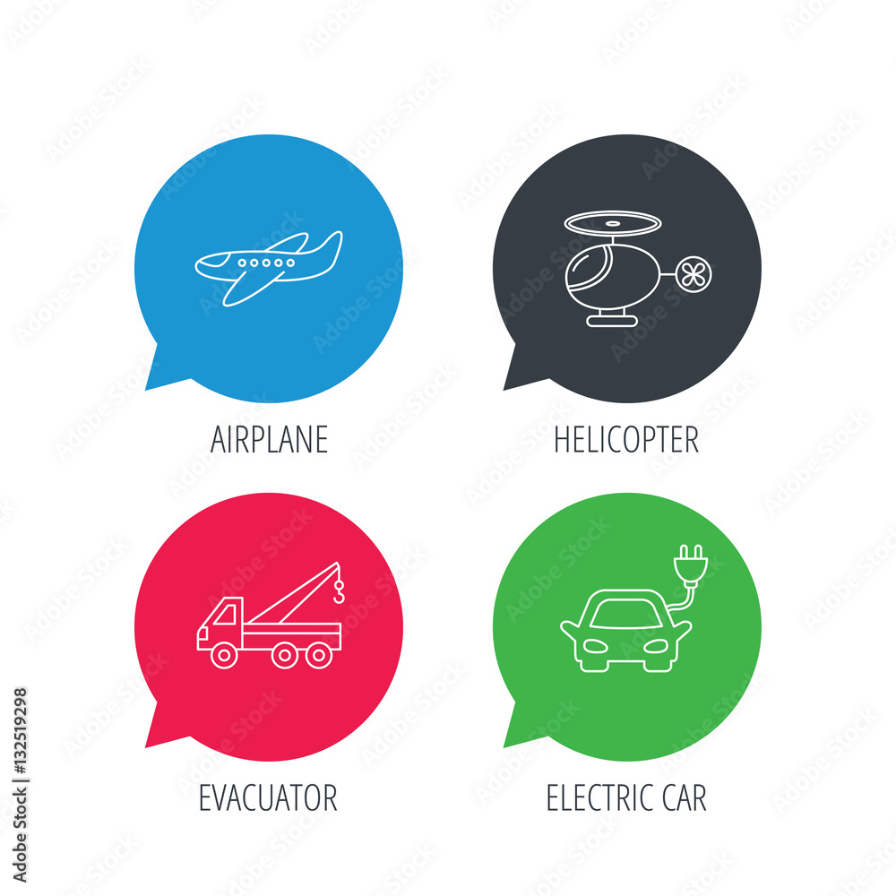 Poster colored speech bubbles. electric car, airplane and helicopter icons. evacuator linear sign. flat web