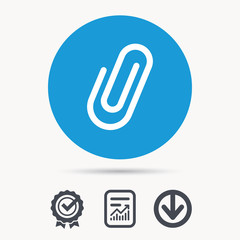 Attachment icon. Paper clip symbol. Achievement check, download and report file signs. Circle button with web icon. Vector