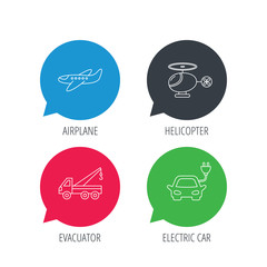 Colored speech bubbles. Electric car, airplane and helicopter icons. Evacuator linear sign. Flat web buttons with linear icons. Vector