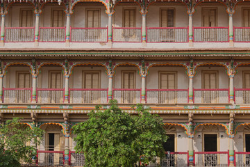 Architectural detail from residential buildings for devotees of the Shri Swaminarayan Hindu sect in Ahmedabad, India