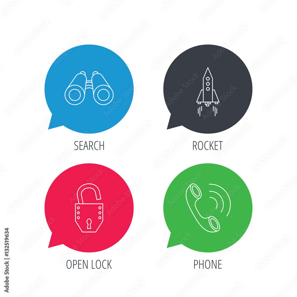 Poster colored speech bubbles. phone, startup rocket and search icons. opened lock linear sign. flat web bu