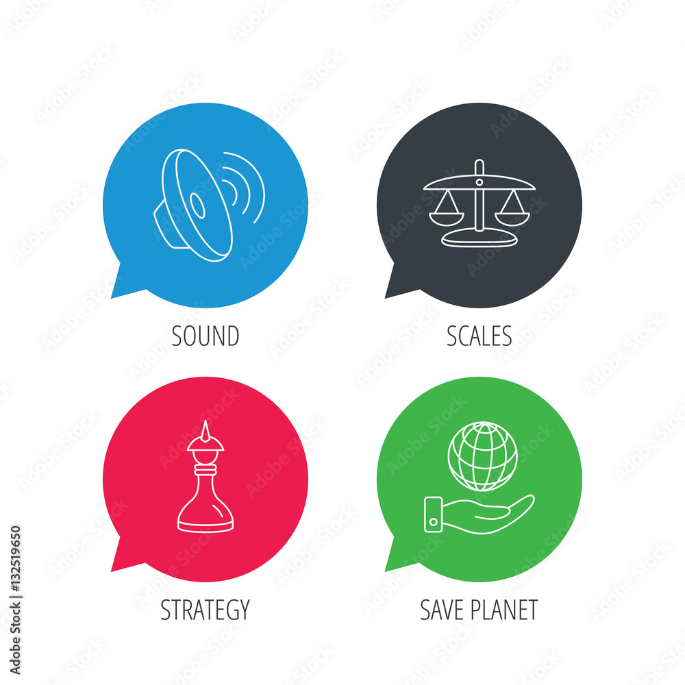 Poster colored speech bubbles. strategy, sound and scales of justice icons. save planet linear sign. flat w