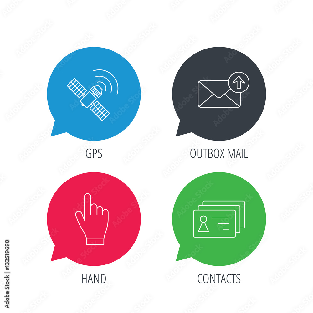 Poster colored speech bubbles. hand pointer, contacts and gps satellite icons. outbox mail linear sign. fla