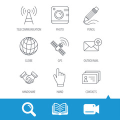 Handshake, contacts and gps satellite icons. Pencil, photo camera and mail linear signs. Telecommunication station flat line icons. Video cam, book and magnifier search icons. Vector