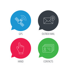 Colored speech bubbles. Hand pointer, contacts and gps satellite icons. Outbox mail linear sign. Flat web buttons with linear icons. Vector