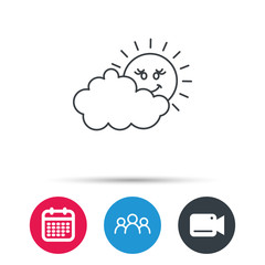 Cloudy day with sun icon. Overcast weather sign. Meteorology symbol. Group of people, video cam and calendar icons. Vector