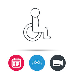 Disabled person icon. Human on wheelchair sign. Patient transportation symbol. Group of people, video cam and calendar icons. Vector