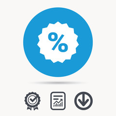 Obraz premium Discount icon. Sale offer star symbol. Achievement check, download and report file signs. Circle button with web icon. Vector