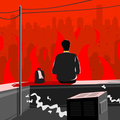 Man Sits on The Roof and Fre in the Cty. Vector Illustration