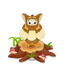 cartoon owl standing and stare on cutting tree